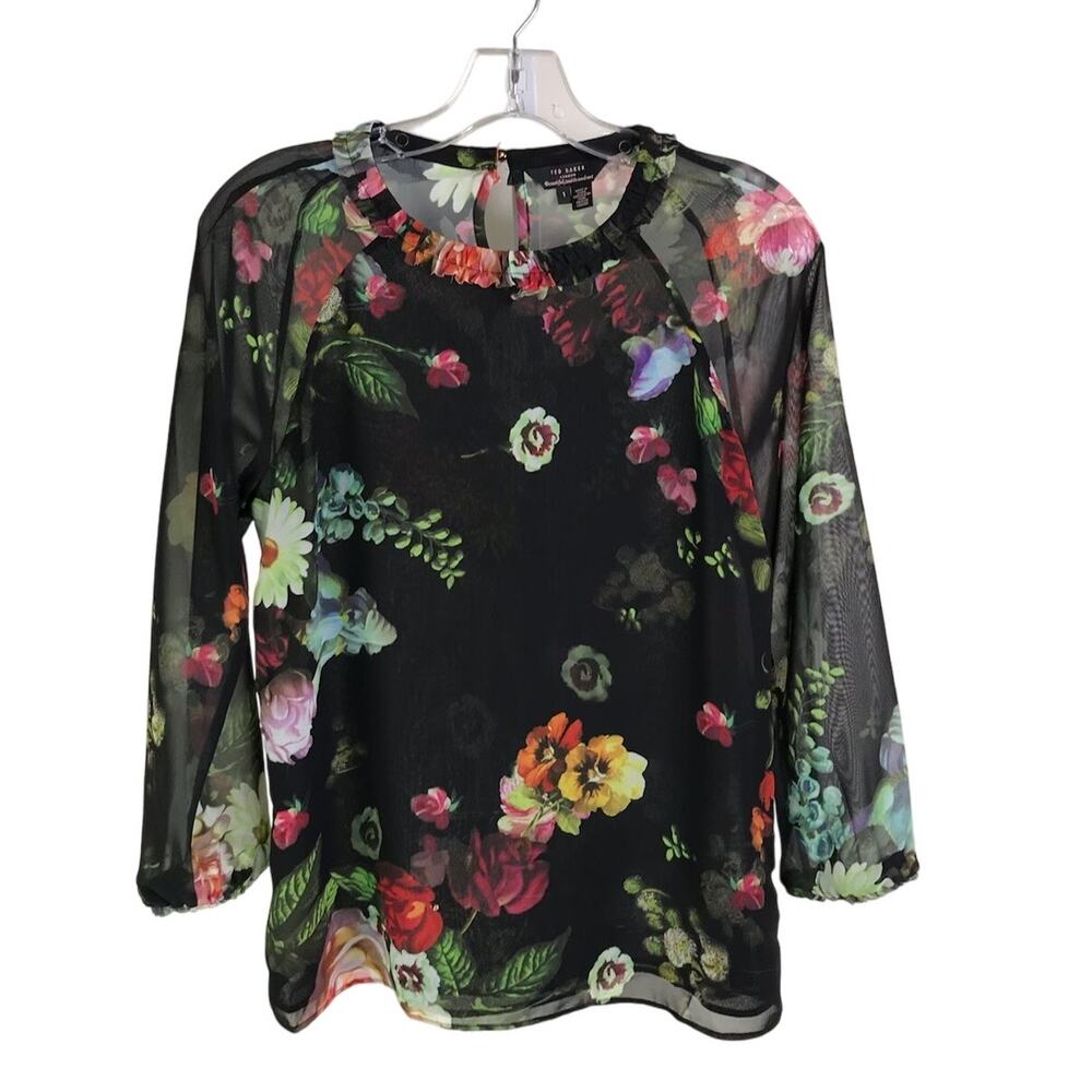 TED‎ BAKER Anna Oil Painting Floral Blouse Womens Size 1 Black Sheer Sleeve